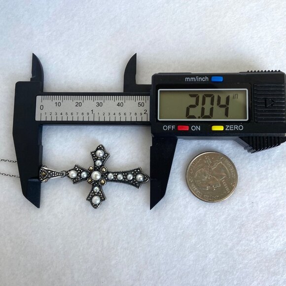Oxidized Sterling Silver 925 Pearl Marcasite Cross Pendant Necklace 19.5" Chain - Picture 16 of 16